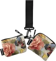 [XYMZR] Mini Zip Around Wristlet keychain Wallet Retro Rose Butterfly for Women Personalized Pattern Detachable Dual Pouch Wristlet Portable Wallet Phone Coin Purse, Multi-colored, One Size