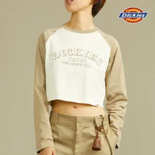 【Dickies】女款奶油色純棉撞色拼接短版長袖T恤｜DK012338C10