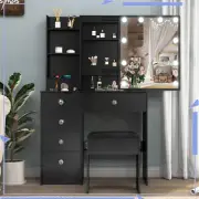 Black Dressing Desk with Stool and 6 Drawers Vanity Makeup Table Set LED Mirror