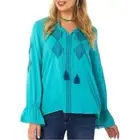 Wrangler Retro Peasant Top Embroidered long sleeved Teal Tassels Women’s Size S