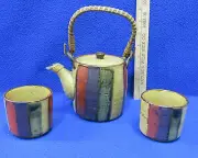 Ceramic Teapot & 2 Tea Cups Striped w/ Reed Wrap Handle On Pot Set Of 3