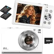 Digital Camera, Lecnippy 4K Autofocus Vlogging Camera with Memory Card 32G 16X Digital Zoom, 48MP Compact Digital Camera for Beginners (White)