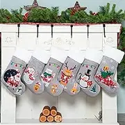 BHD BEAUTY Gray Burlap Sequins Non-Woven Fleece Fabric Lovely Embroidery Pattern Set of 6 Christmas Stocking for Family Decorations Hanging Ornament for Xmas Holiday Party 20 inches