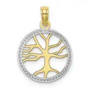 10K Gold with Rhodium 3D Tree of Life in Round Frame Charm 0.6 x 0.8 in