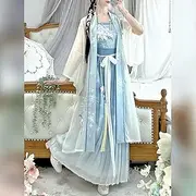 [AJOHBM] Dress Women Chinese Traditional Printed Halloween Cosplay Costume Hanfu Blue 3pcs Sets
