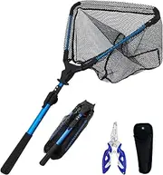 Fishing Net,Foldable Collapsible Telescopic Pole Handle Fish Landing with Fishing Plier,Rubber Coated Floating Fishing Net for Steelhead,Fly,Safe Fish Catching or Releasing with Fish,Extend to73-92CM