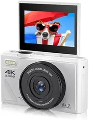 [Bewinner] Retro 64MP Digital Camera, Vintage 4K UHD Vlogging Camera with 18X Zoom, Autofocus, 3 Inch Flip Screen for Travel Photography Vlogging (White)