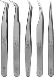 Existing Beauty Eyelash Extension Tweezers - 5 PCS of Lash DIY Precision Set, Curved Volume Lash Tweezers - Cluster Application and Removal of Eye Lashes Extensions Stainless Steel