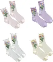 [FOMIYES] 4Pairs Breathable Thin Mesh Mid Calf Socks for Women of Assorted Color Embroidered Socks Elastic Design for Present for