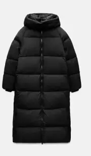 ZARA Coat Puffer Water and Wind Protection Hooded Long Anorak Coat Size XL Black