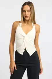 White Halter Neck Top Textured - Size 6XXS, Women's Top