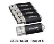 (Pack of 5) DigiOcean 32GB /64GB USB 2.0 Flash Drive Thumb Drives -Black