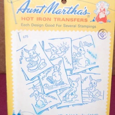 VINTAGE Aunt Martha's Hot Iron Transfers # 675 -Rabbit Tea Towel Motifs (A) -NEW