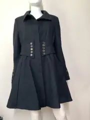 Betsey Johnson Black Wool Blend Coat Women's 12 Fit & Flair Pleated Pockets