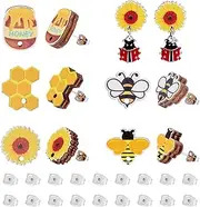 [Craftdady] 50 pcs Bee Theme Wooden Stud Earrings Cute Sunflower Honeycomb Insect Wood Ear Studs with 50 pcs Ear Nuts for Women DIY Dangle Earrings Christmas Wedding Gift, Stainless Steel, No Gemstone