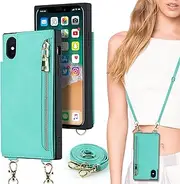 Cavor Flip Folio Cover for iPhone X Case for iPhone Xs Case (5.8") Crossbody PU Leather Wallet Card Slots Holder Kickstand & Shoulder Lanyard Strap Handbag Zipper Purse-Light Green