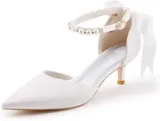[Coutgo] Womens Pearl Ankle Strap Pumps Low Kitten Heel D'Orsay Satin Back Tieknot Heels Pointed Toe Wedding Party Dress Shoes