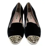 MIU MIU BLUE VELOUR CRYSTAL CAP TOE SMOKING SLIPPERS FLATS EU 39 I LOVE SHOES