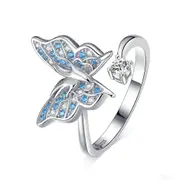 Silver plating Flying Butterfly Open Adjustable Finger Rings for Women Blue Jewelry