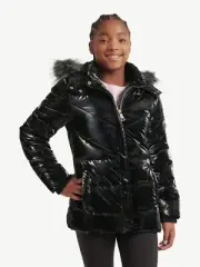 Justice Girls Black Puffer Jacket Hood Sherpa Lined Full Zip Pockets SZ L,XL NEW