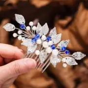 Pearl Bride Wedding Hair Comb Blue Bridal Rhinestone Hair Clip Leaf Hair