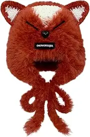 [GRABAGECAN] Furry Plush Animal Ear Muff Hat for Skiing Hiking Size Lady Windproof Bonnet with Adjustable Strap, Fox, One Size