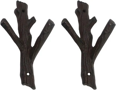 Ogrmar 2 Pcs Decorative Branch Cast Iron Wall Hooks/Hanger/Heavy Duty Black
