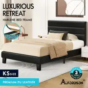 ALFORDSON Bed Frame King Single Upholstered Platform Black Leather HARLENE