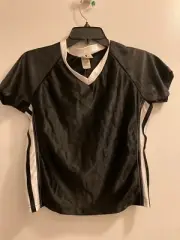 Adult Small Black with White Stripes Shiny Lycra XS Dance Top with Short Sleeves