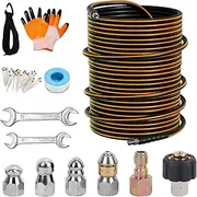 150FT Sewer Jetter Kit for Pressure Washer, 5800PSI Drain Cleaner Hose 1/4 Inch NPT Corner Rotating and Button Nose Sewer Jetting Nozzle Spanner Watertight Tape Pearl Corsage Pin Handle Strap