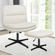 ALFORDSON Criss Cross Desk Chair with Ottoman Stool Pax Series, Cross Leg Office Chair with Mid-Back, Tilt, Height Adjust and Swivel, Armless Ergonomic Gaming Chair, 180kg Capacity, Fabric Beige