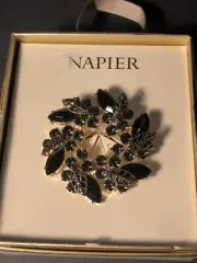 NAPIER Wreath Brooch Pin Enamel Rhinestones Black And Gray Silver Tone Box