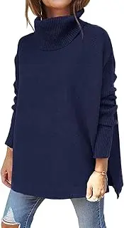 [EFAN] Women's Turtleneck Oversized Sweaters Long Sleeve Spilt Hem Casual Asymmetric Pullover Knit Warm Clothes for Winter