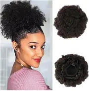 Hairpiece Short Kinky Curly Bun Hair Pieces Afro Puff Drawstring Ponytail Extension Synthetic Curly Ponytail Bun Hairpiece Daily Use(Black Brown)