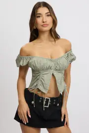 Green Crop Top Short Sleeve Ruched Button Front - Size 14L, Women's Top