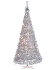 Sterling Tree Company 7.5ft High Pop Up Pre-Lit Silver Tinsel Tree With 250 Warm White Lights