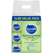 3 x 80 Value Pack Curash Aloe Vera & Chamomile Baby Wipes - Ideal for Newborns - Ligthly Scented - Kind to Skin - Soap Alcohol Paraben & Irritant Free - Wet Wipes - Baby Essentials 240 wipes