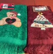 2 Vintage Christmas Fingertip Towels NWT~Franco Teddy Bear~Christmas Tree
