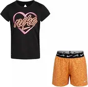 [Nike] Little Girls' Dri-FIT T-Shirt and Shorts 2 Piece Set (Bright Mango(36H490-N45)/Black, 6 Little Kid)