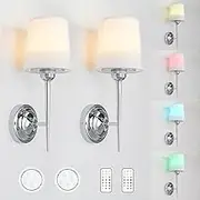 HEQIQEH Set of 2 Vintage Battery Operated Wall Sconces Light Fixture with Remote Control, Funnel Fabric Shade Dimmable Nightstand Lamps for Bedside Bedroom Living Room Bathroom Corridor, HQ-BWT24A2