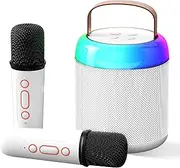 QKTYB Mini Bluetooth Karaoke Machine for Kids and Adults - Portable Speaker With 2 Wireless Microphones, LED Light for Home Party - Girls Toys, Birthday Gift (White)