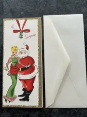 Vintage Christmas Card 4 Panel Cute BLonde w Santa Clause Under Mistletoe Unused