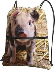 EdWal Cute Pig Print Drawstring Backpack Gym Bags Sports Bags With Zipper Pocket For Travel Beach, Black, One Size