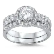 Sterling Silver 925 CZ Round Cut Halo Engagement 3 Ring Wedding Set Size 5-10