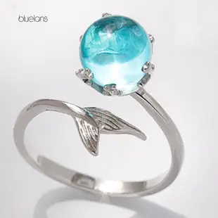 【Bluelans】可調節美人魚尾巴藍色水鑽泡泡手指開口女士戒指