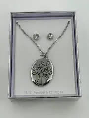 NEW Tree of Life Necklace Set Womens Silver tone Clear Rhinestone Stud Earrings