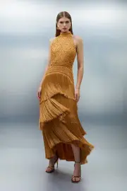 Fringed Beaded Halter Neck Woven Maxi Dress