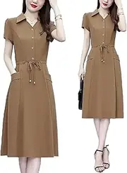 [JIMINISO] Dress for Mothers Fashionable Waistband Slimmer. Mid Length A-line Skirt Solid Color Dress Lace-Up