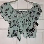 Almost Famous Women’s Mint Green Crop Top Cap Sleeves Butterflies Size Medium