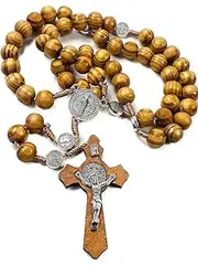 [Nazareth Store] Wood Beads Rosary Necklace Saint Benedict Medal & Catholic Cross Religious Prayer Chaplet String Handmade - Velvet Bag, (H X W) Cross: 6cm x 3.5cm / 2.4" x 1.4", Wood, No Gemstone